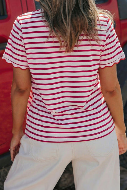 Red Stripe Scalloped Trim Short Sleeve Round Neck Tee