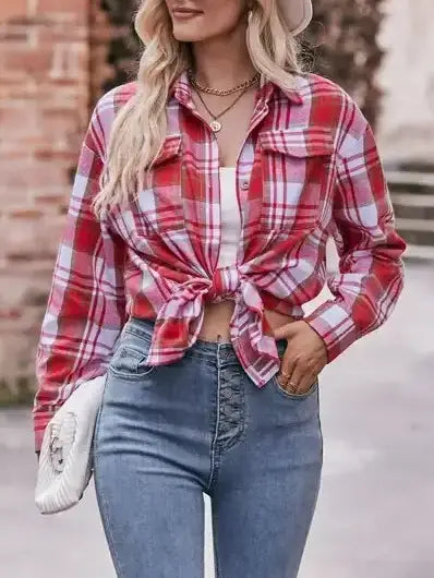 Women’s Red Plaid Button Down Oversized Flannel Shirt