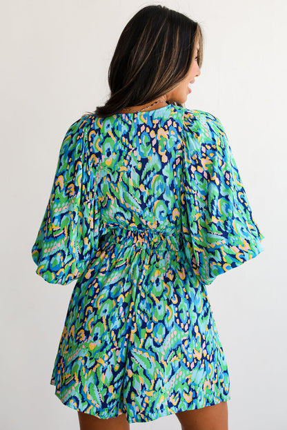 Green Abstract Print V Neck Puff Sleeve Smocked Romper