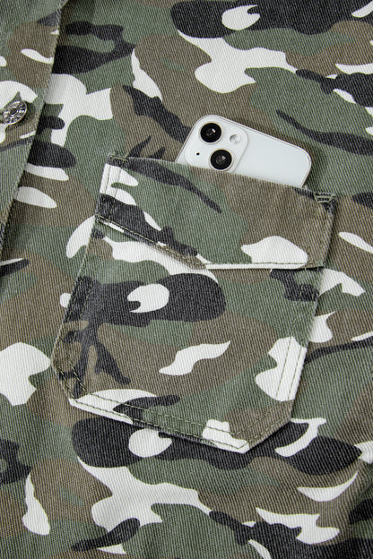 Green Camo Loose Denim Jacket with Chest Pockets