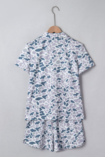 Abstract Print Zip Polo Top and Drawstring Shorts Set