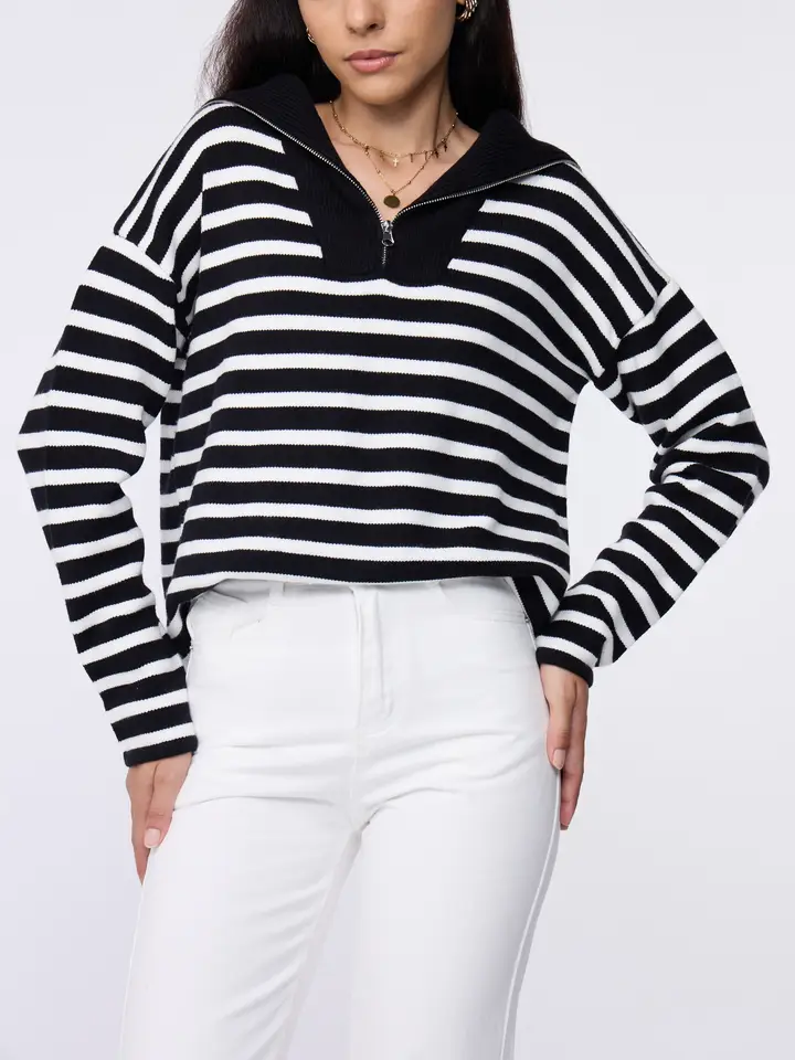 Striped Quarter Zip Pullover Sweater Casual Loose Fit