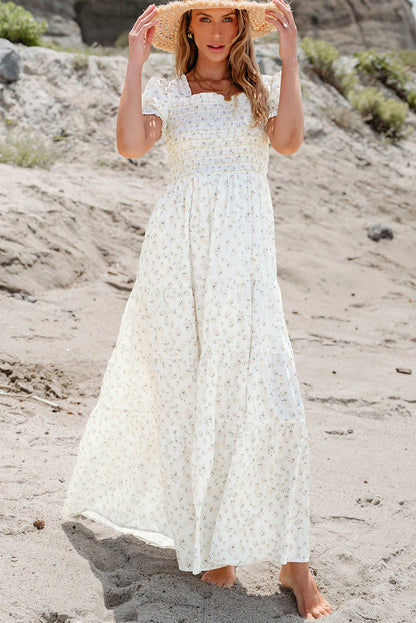 White Floral Shirred Smocked Tiered Maxi Dress