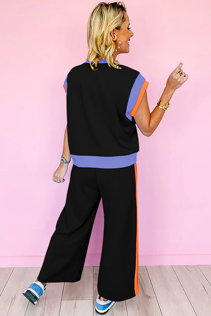 Navy Color Block Lounge Set Wide Leg Pants 2 Piece