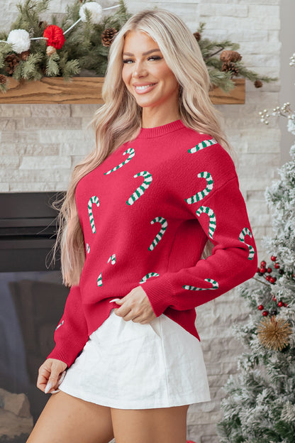 Sachet Pink Christmas Candy Cane Holiday Drop Shoulder Sweater