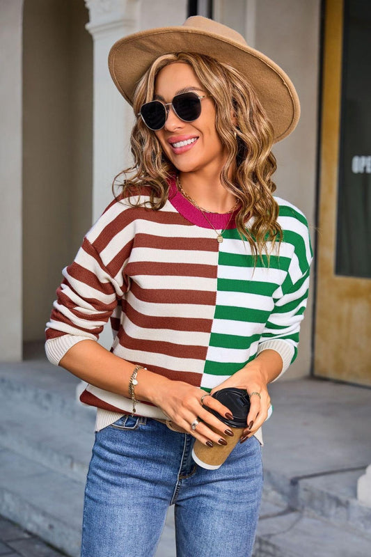 Colorblock Striped Pullover – Crew Neck Knit Sweater