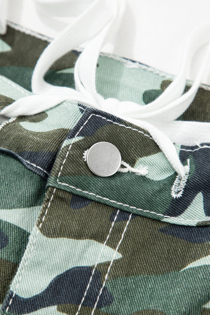 Green Camo Print Wide Leg Drawstring Denim Pants
