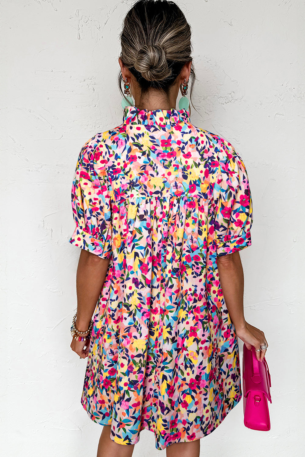Pink Floral Puff Sleeve V Neck Mini Dress