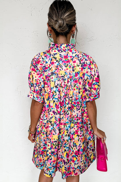 Pink Floral Puff Sleeve V Neck Mini Dress