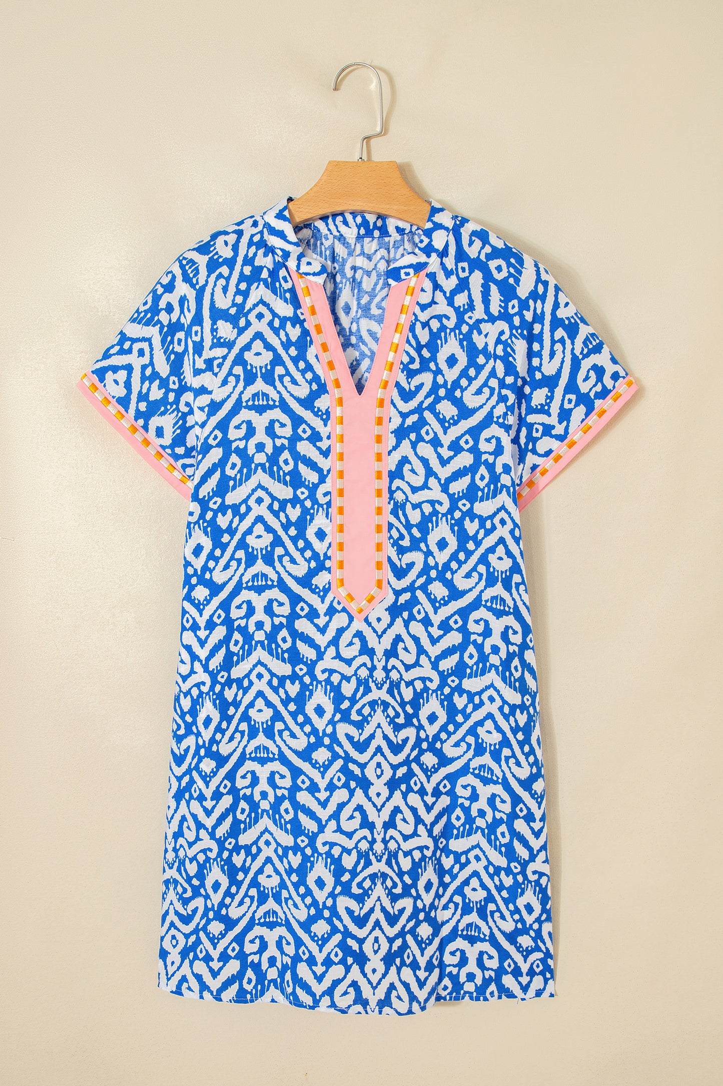 Boho Ikat Print V Neck Shift Dress Summer Mini Dress