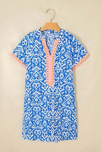 Boho Ikat Print V Neck Shift Dress Summer Mini Dress