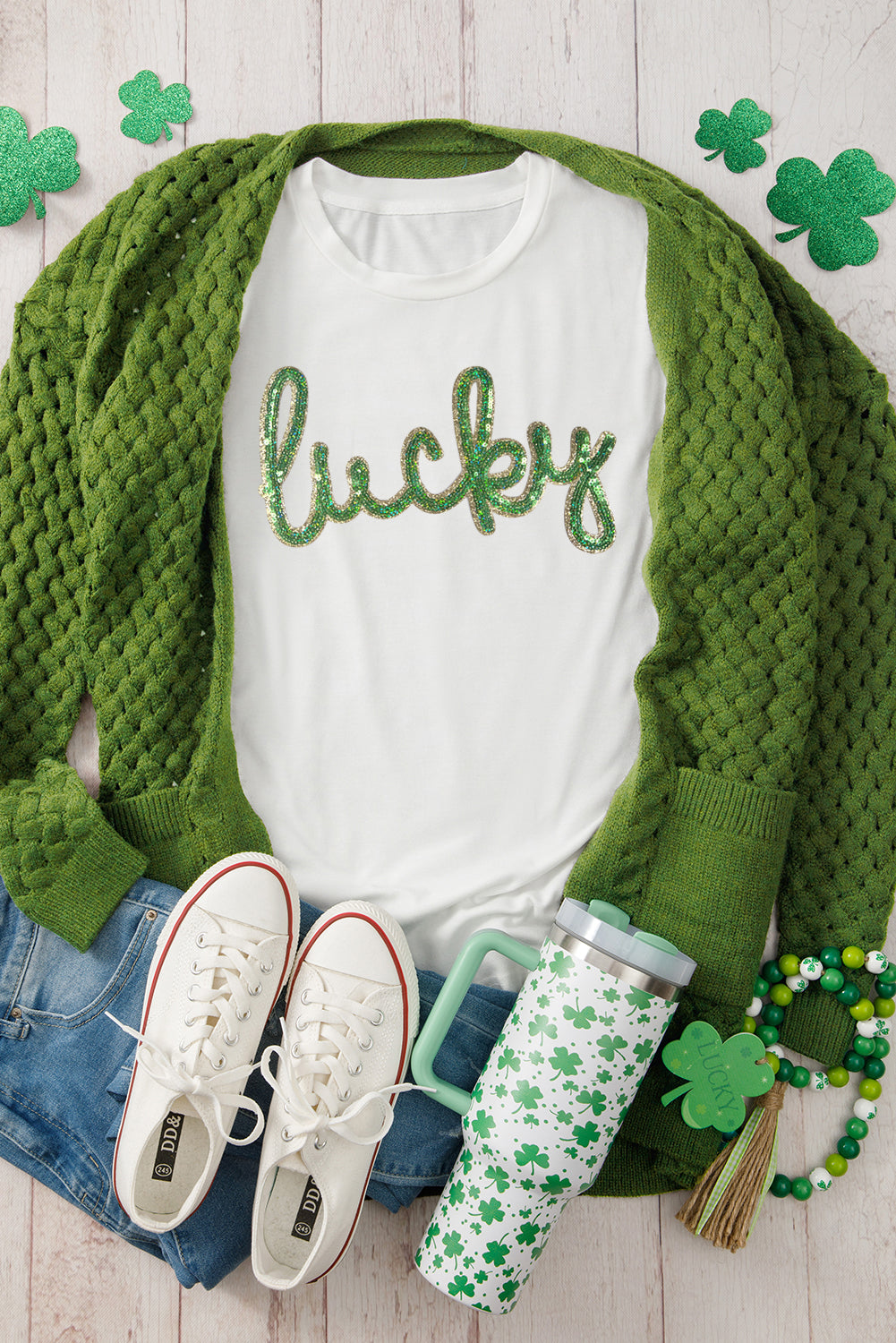 White Sequin Lucky St Patricks Day Glitter Graphic Tee