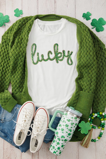 White Sequin Lucky St Patricks Day Glitter Graphic Tee