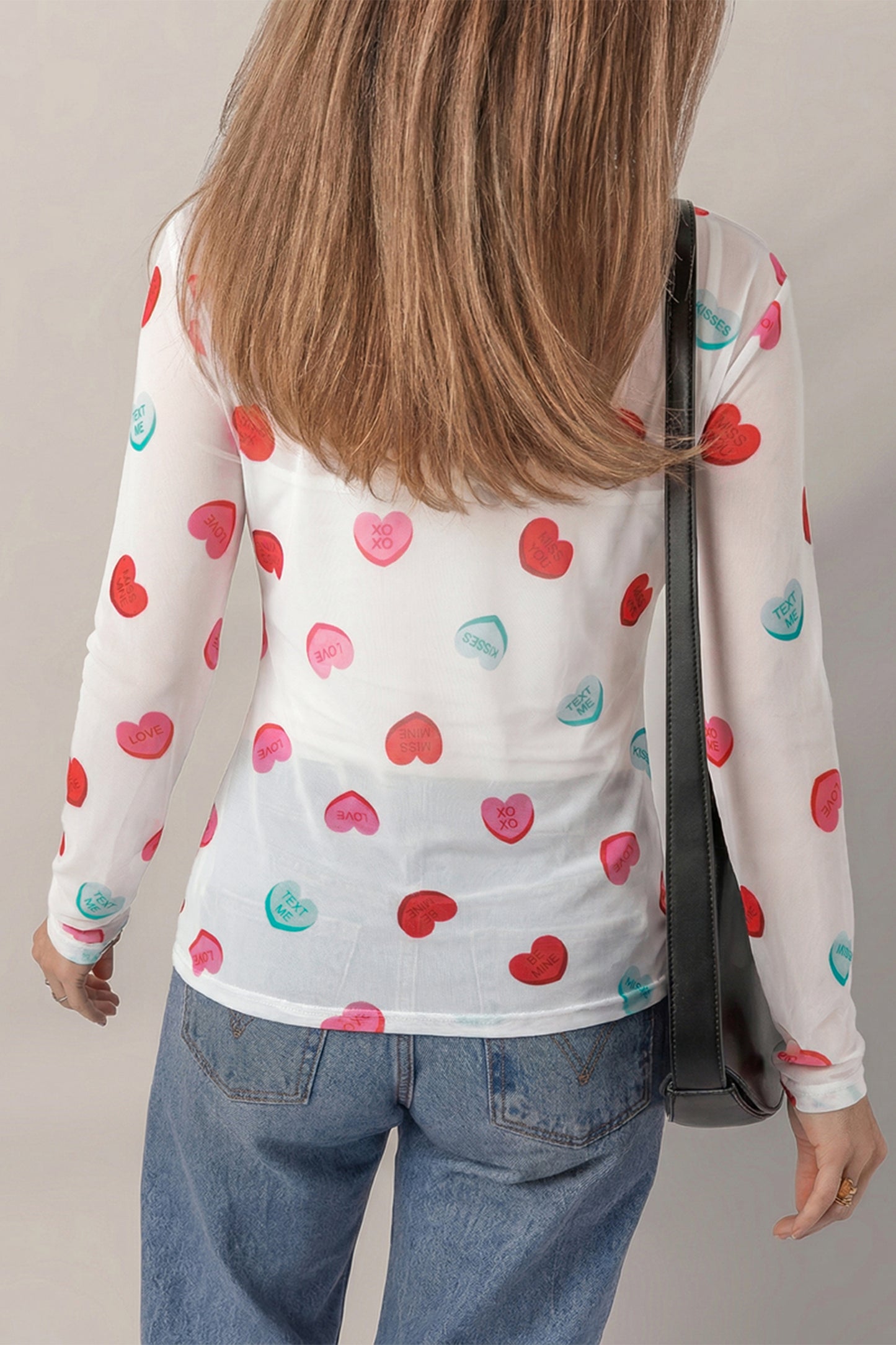 White Sheer Mesh Slogan Heart Printed Long Sleeve Top