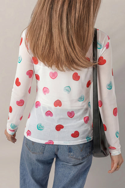 White Sheer Mesh Slogan Heart Printed Long Sleeve Top
