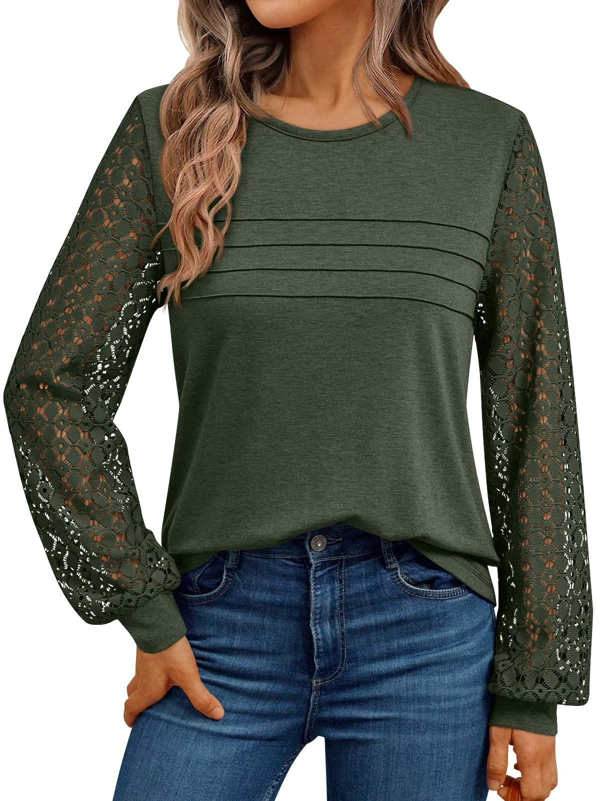 Lace Sleeve Patchwork Knit Pullover Top for Women