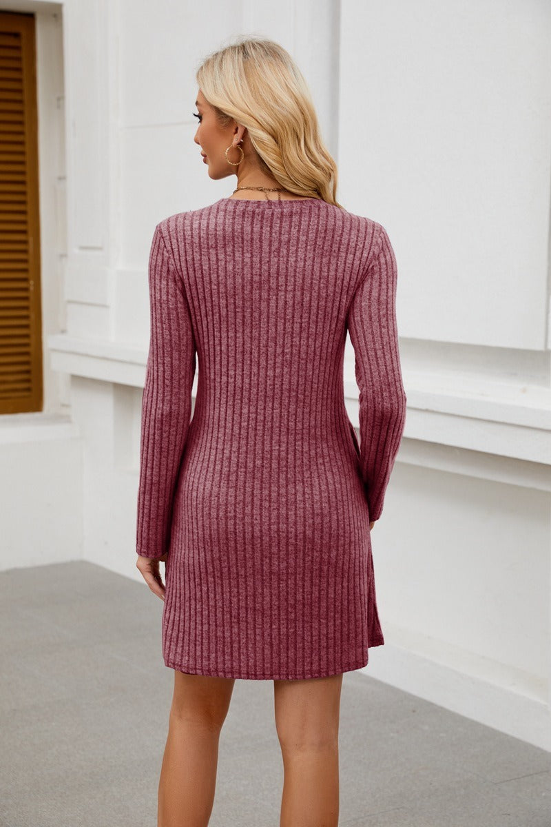 Ribbed Knit Button Dress - Long Sleeve A-Line Sweater