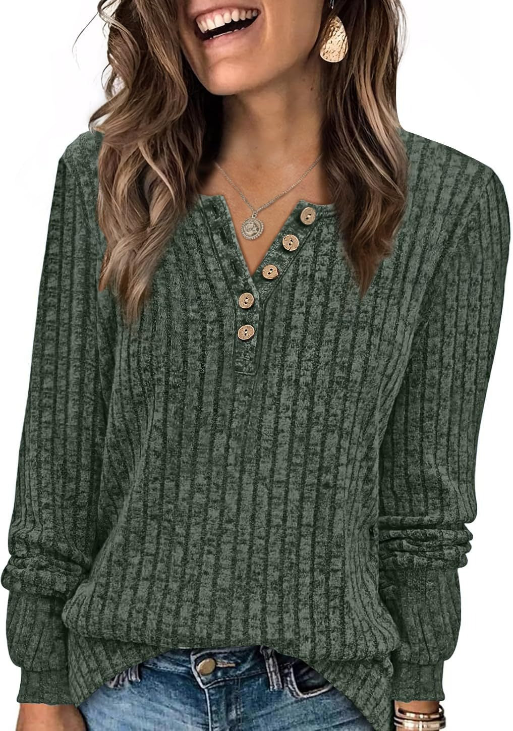Ribbed V-Neck Button Knit Long Sleeve Pullover