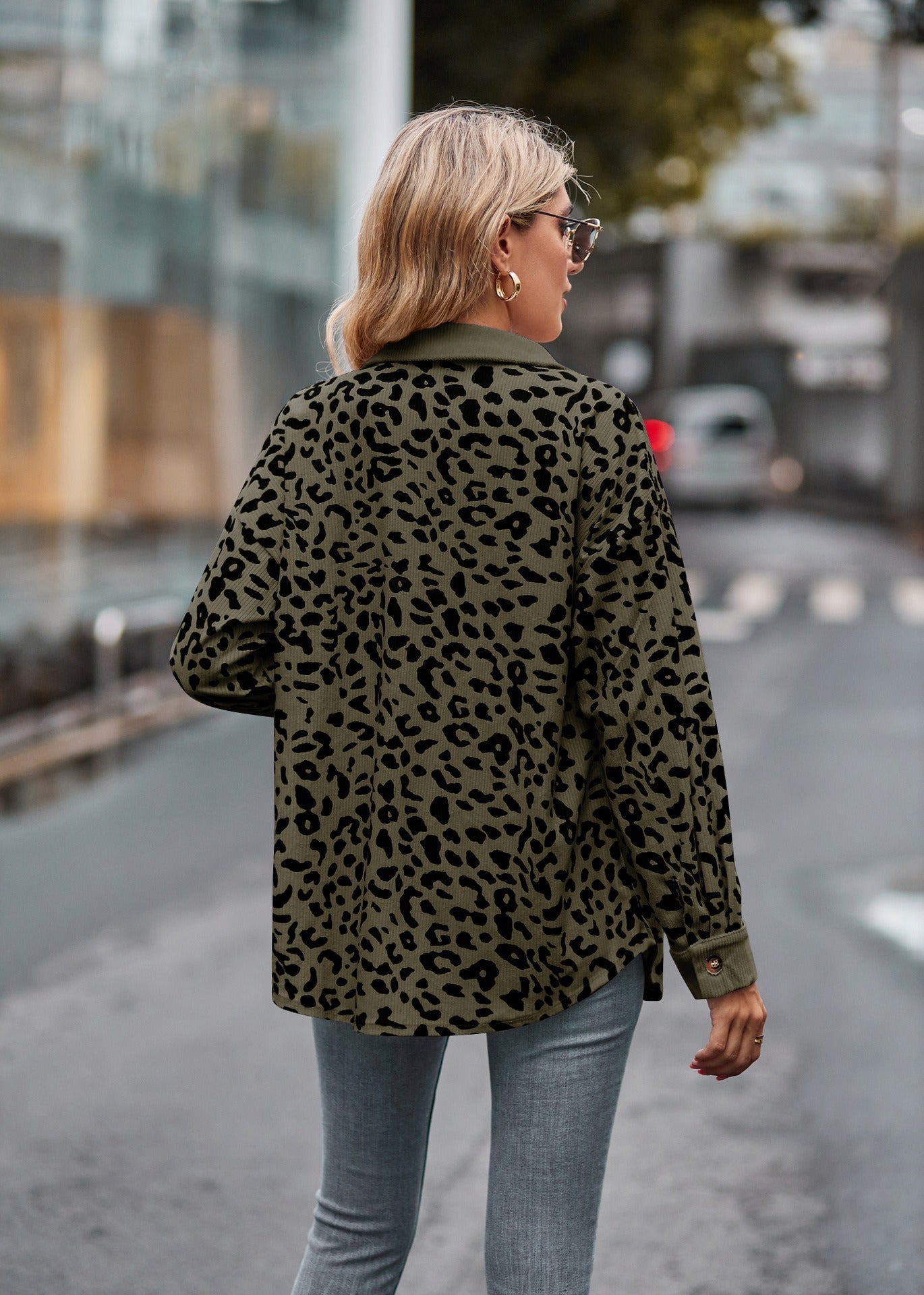 Leopard Print Corduroy Button Down Oversized Shirt Jacket