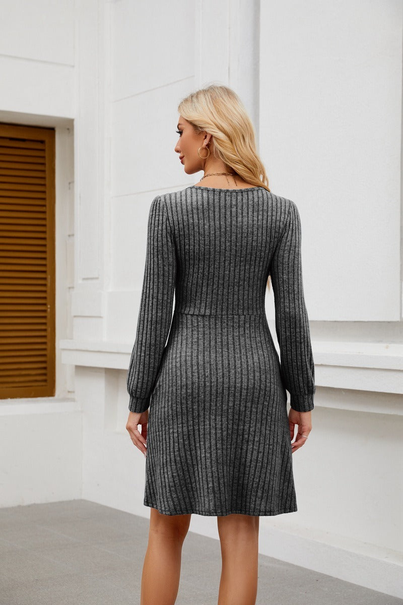 Square Neck Ribbed Knit Dress with Pockets