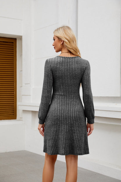 Square Neck Ribbed Knit Dress with Pockets