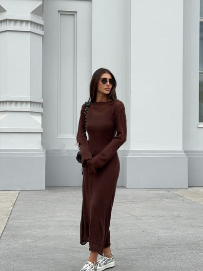 Sheer Knit Maxi Dress Set Long Sleeve Overlay with Slip