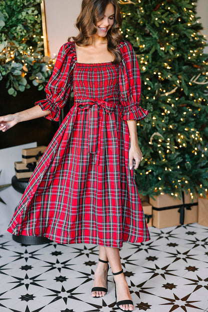 Red Tartan Plaid Puff Sleeve Smocked Waist Christmas Dress