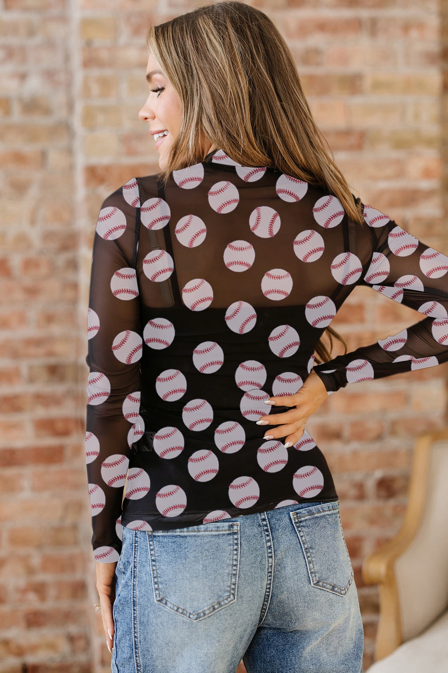 Football Print Mesh Mock Neck Game Day Long Sleeve Top