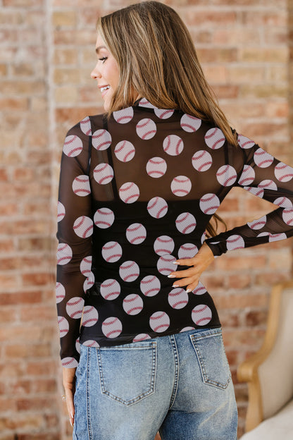 Football Print Mesh Mock Neck Game Day Long Sleeve Top