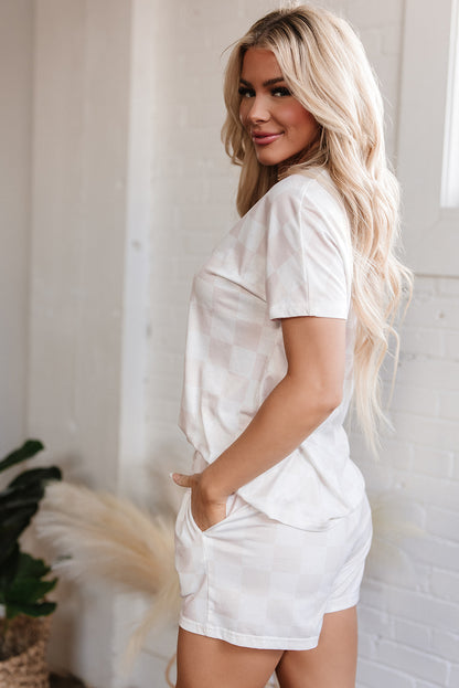 Beige Checkered Lounge Set V Neck Tee Shorts