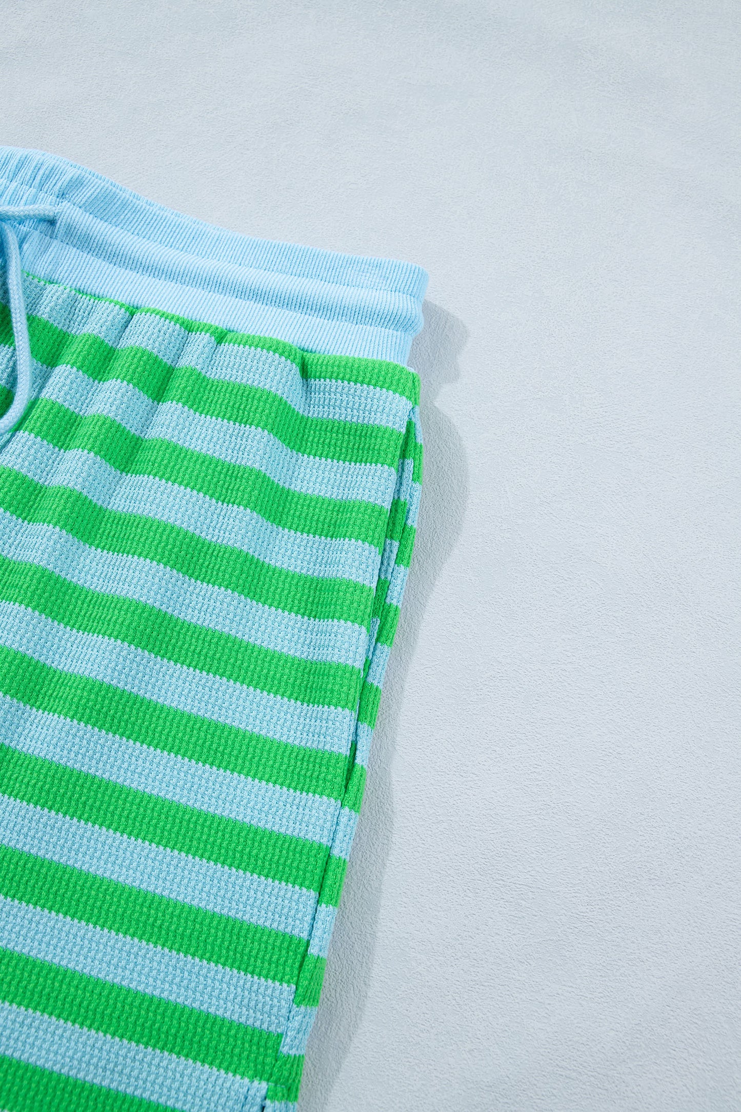 Green Stripe Puff Sleeve Lounge Set Drawstring Shorts