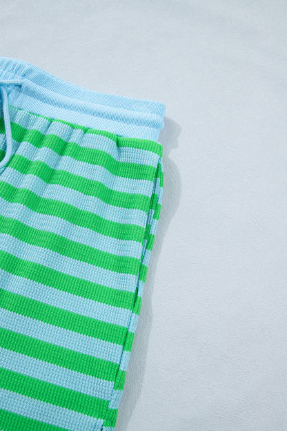 Green Stripe Puff Sleeve Lounge Set Drawstring Shorts