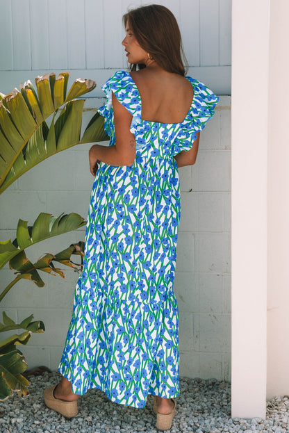 Pink Floral Square Neck Ruffle Sleeve Maxi Dress