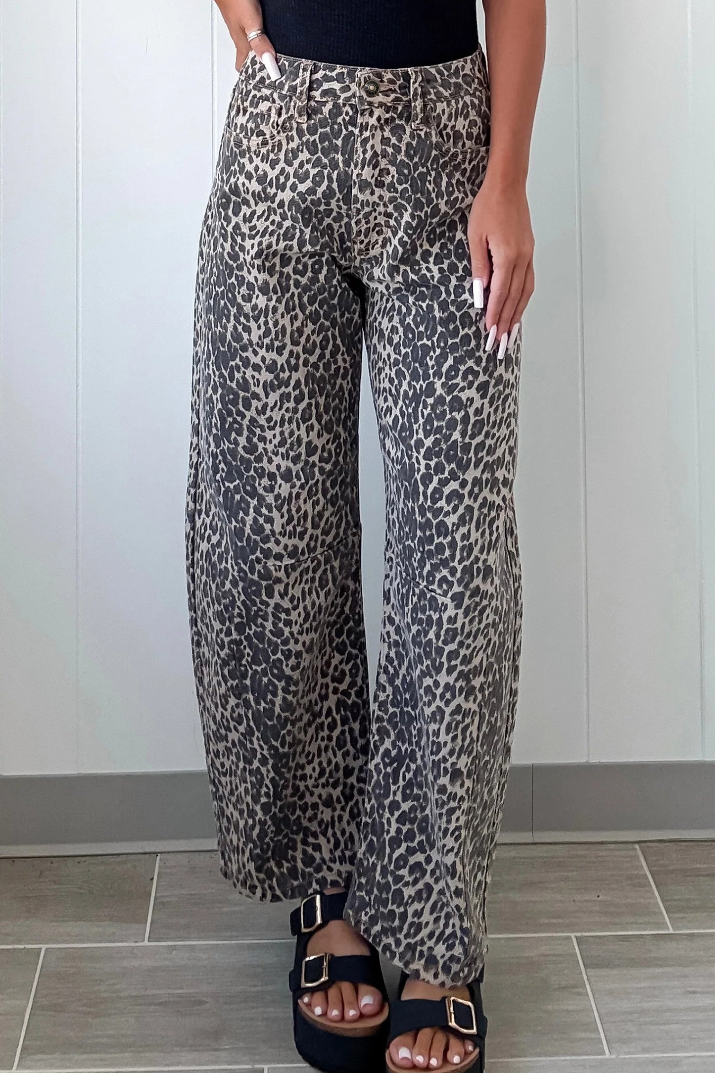 Black Leopard Print High Waist Barrel Leg Jeans