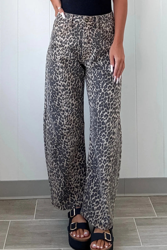 Black Leopard Print High Waist Barrel Leg Jeans