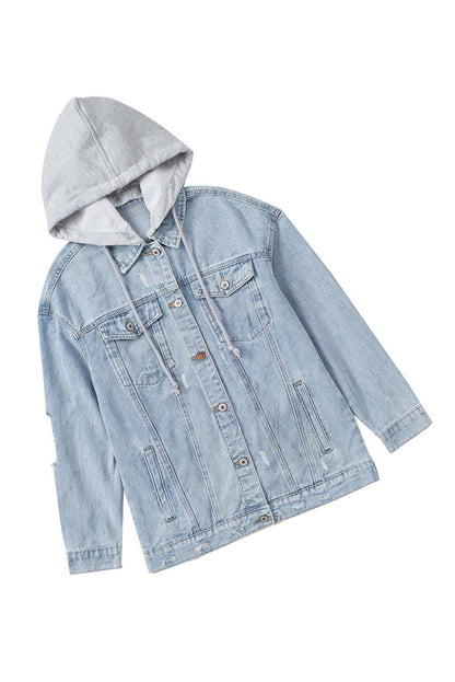 Sky Blue Button Closure Ripped Hooded Denim Jacket