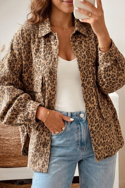 Leopard Print Denim Shacket Oversized Long Sleeve