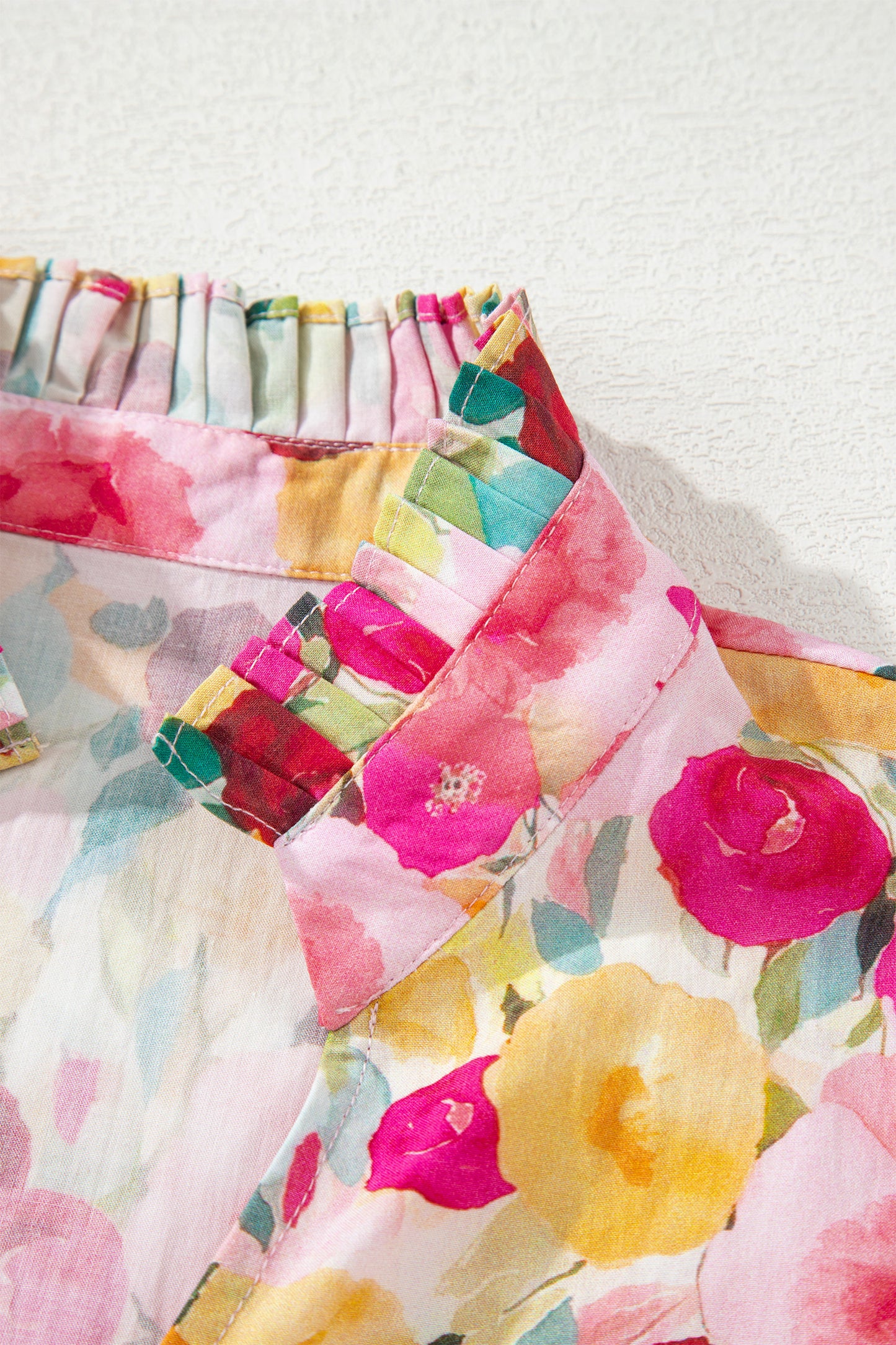 Pink Floral V Neck Puff Sleeve Blouse