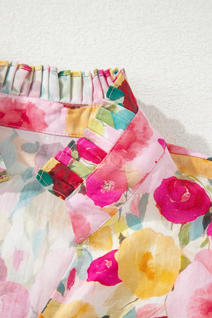 Pink Floral V Neck Puff Sleeve Blouse