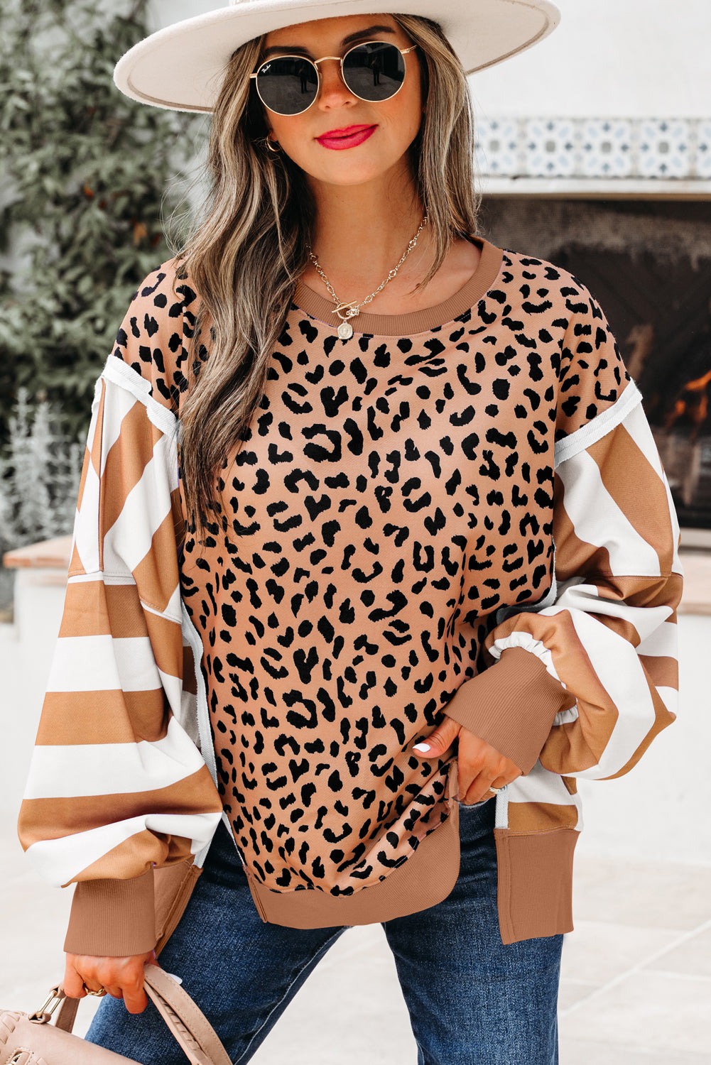 Khaki Stripe Colorblock Leopard Oversized Sweatshirt