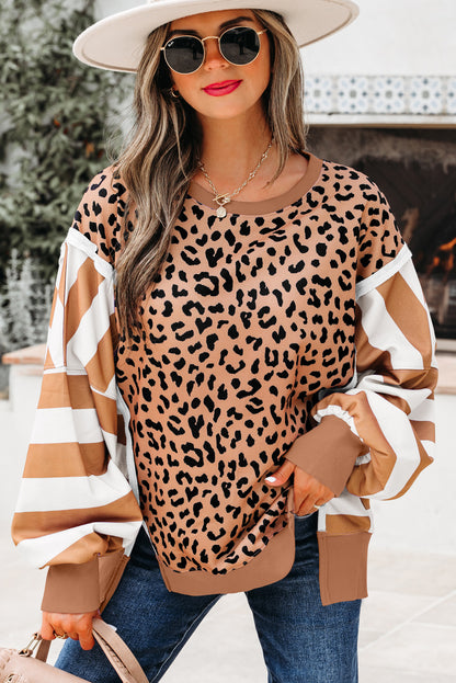 Khaki Stripe Colorblock Leopard Oversized Sweatshirt