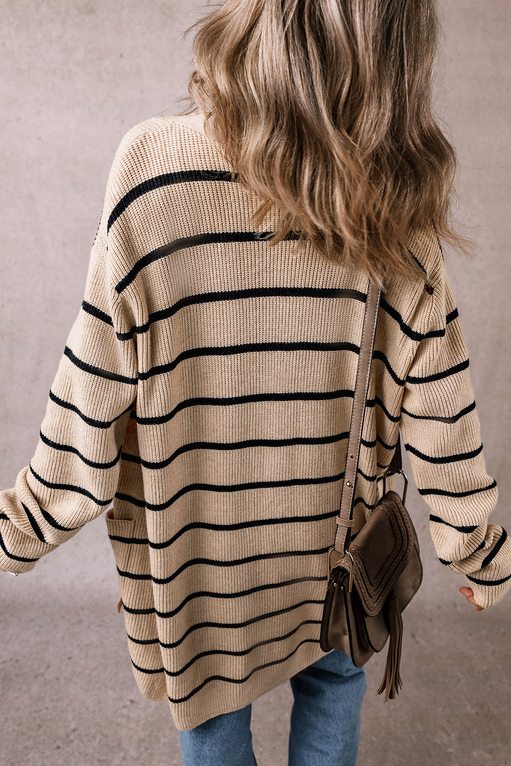 Black Stripe Open Front Shawl Cardigan with Pockets