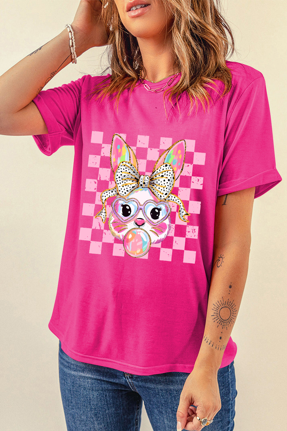 Rose Red Plaid Bunny Bubble Gum Easter Graphic Tee