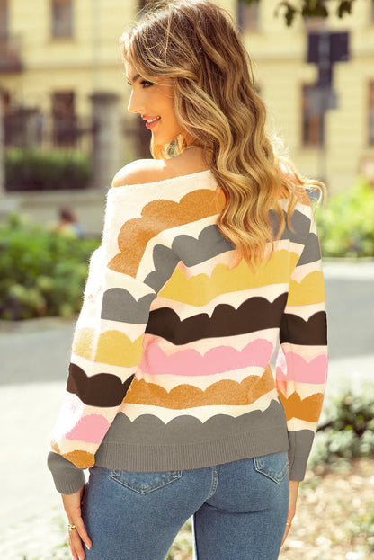 Wave Striped Balloon Sleeve Drop Shoulder Sweater