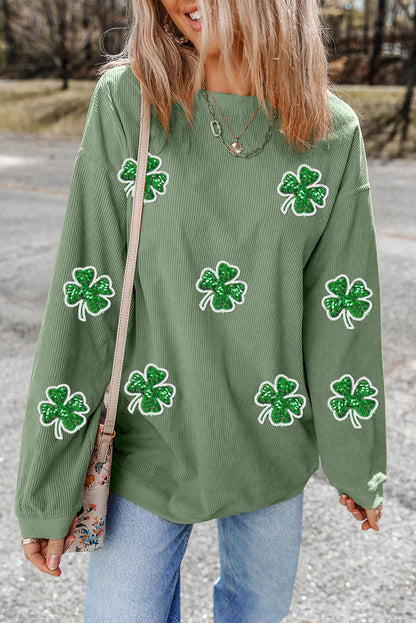 Green Ribbed Sequin Shamrock St Patrick’s Day Sweatshirt