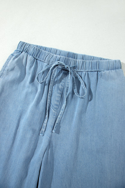 Beau Blue Ruffled Hem Wide Leg Chambray Pants