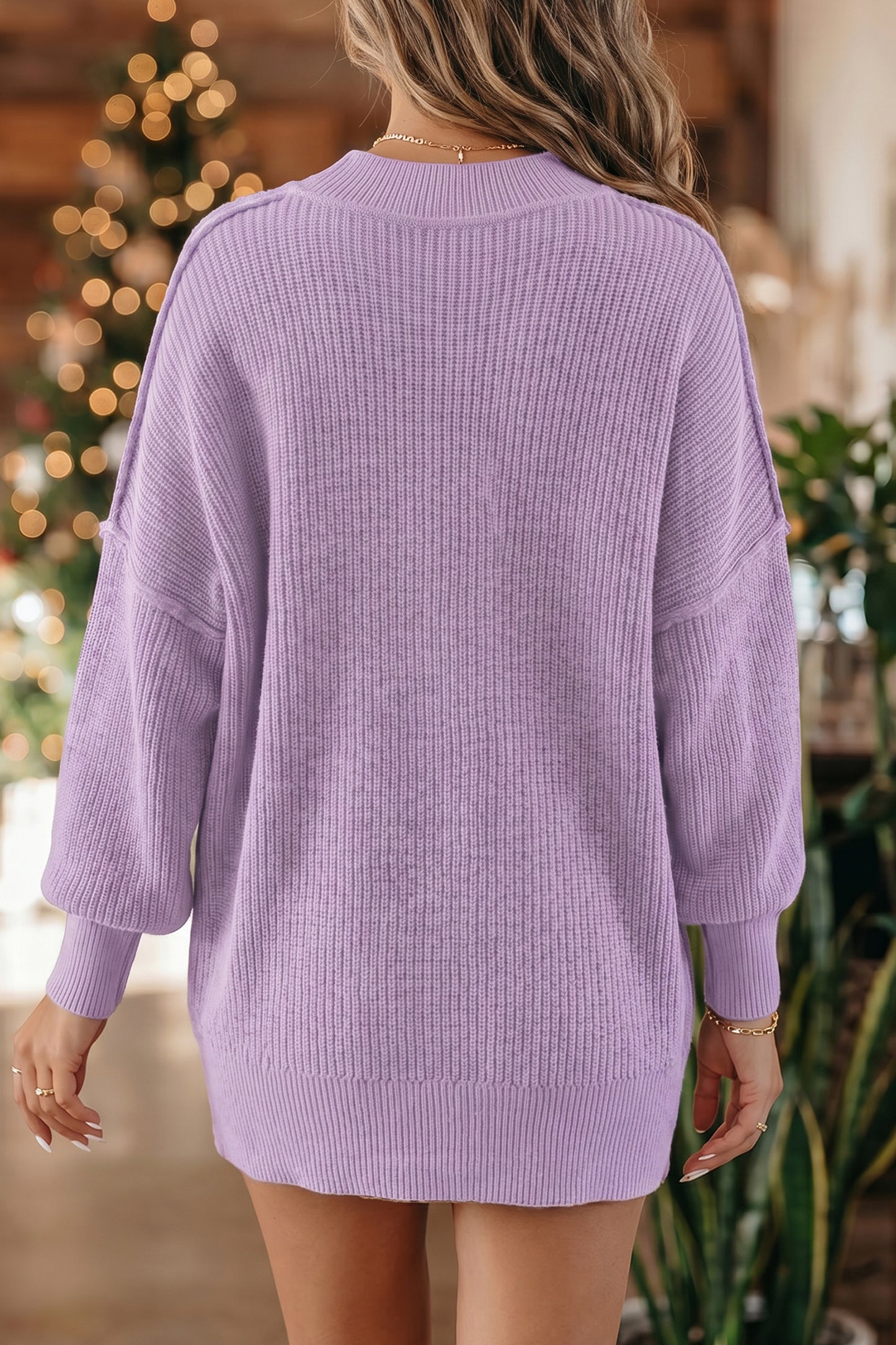 Orchid Purple Mock Neck Ribbed Knit Oversized Sweater Top