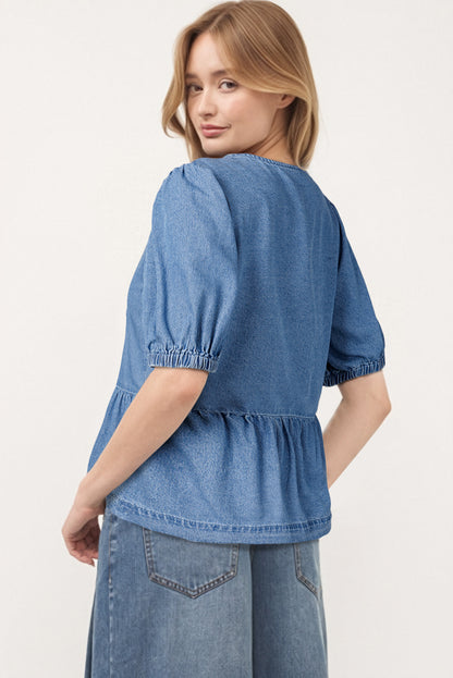 Blue Denim Tie Front Puff Sleeve Peplum Blouse