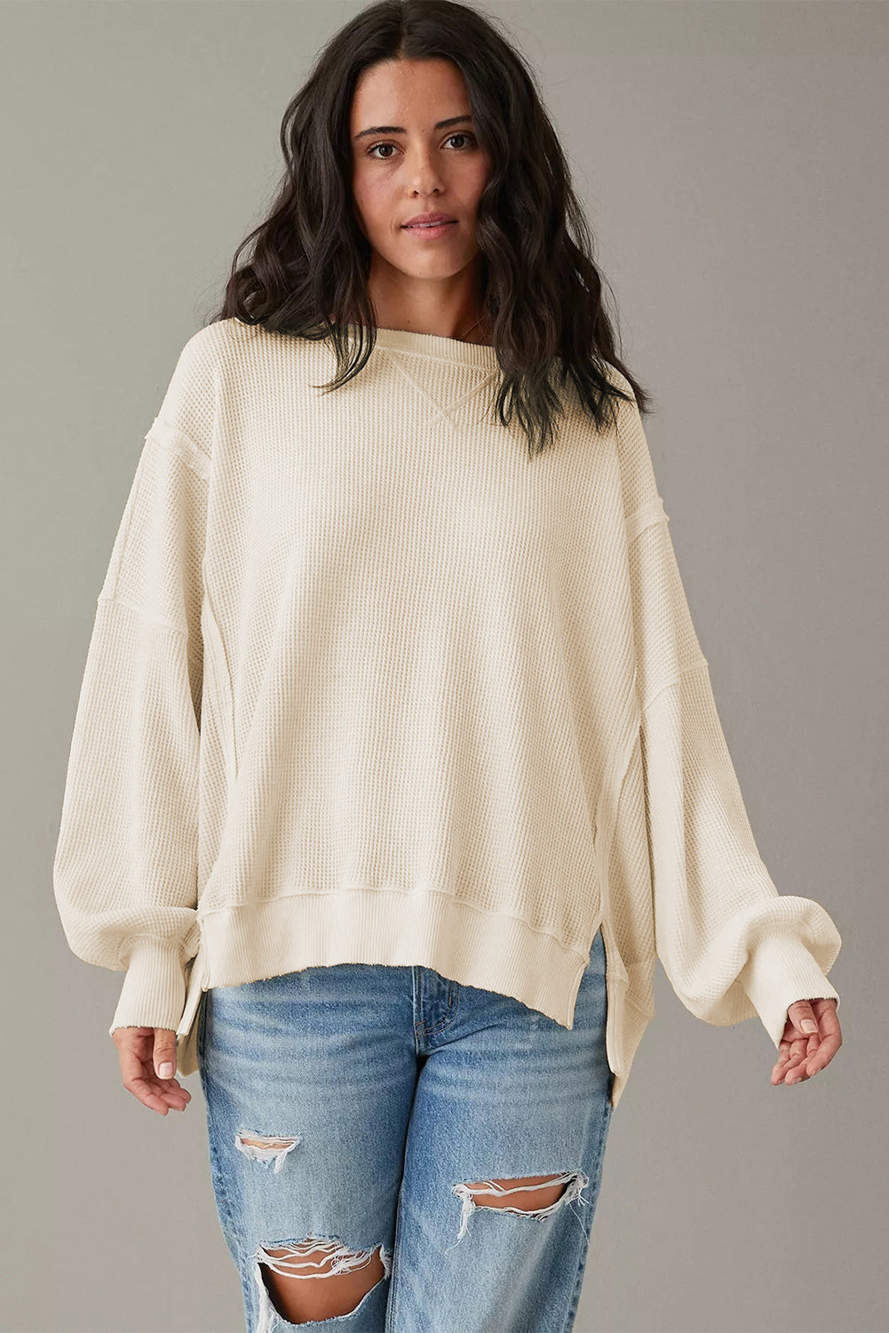 Waffle knit Bishop Sleeve Split Oversized Top