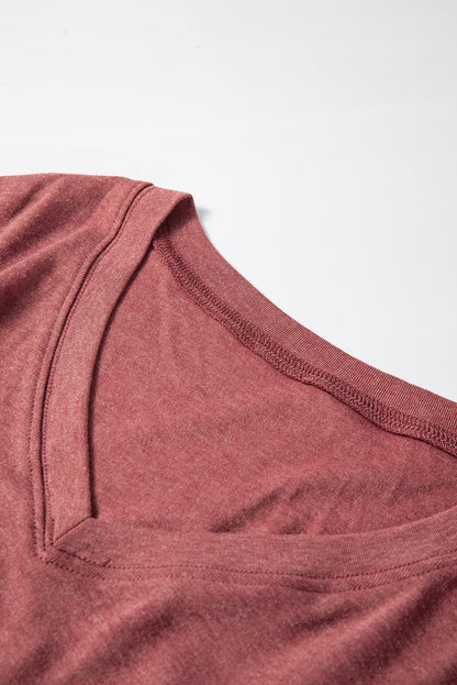 Washed Burgundy V Neck Long Sleeve Casual Tunic Top